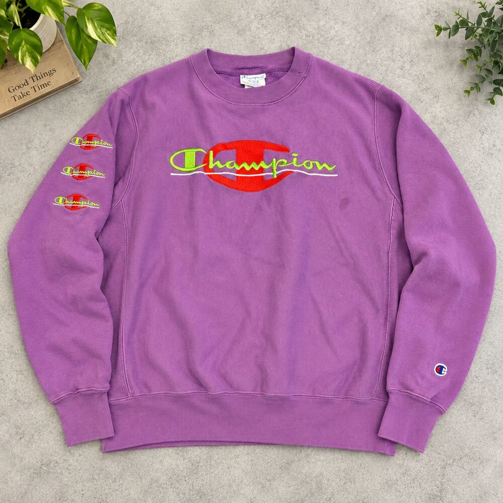 Champion Reverse Weave GF70 Men's M Purple Embroidered Logo Sleeve Sweatshirt